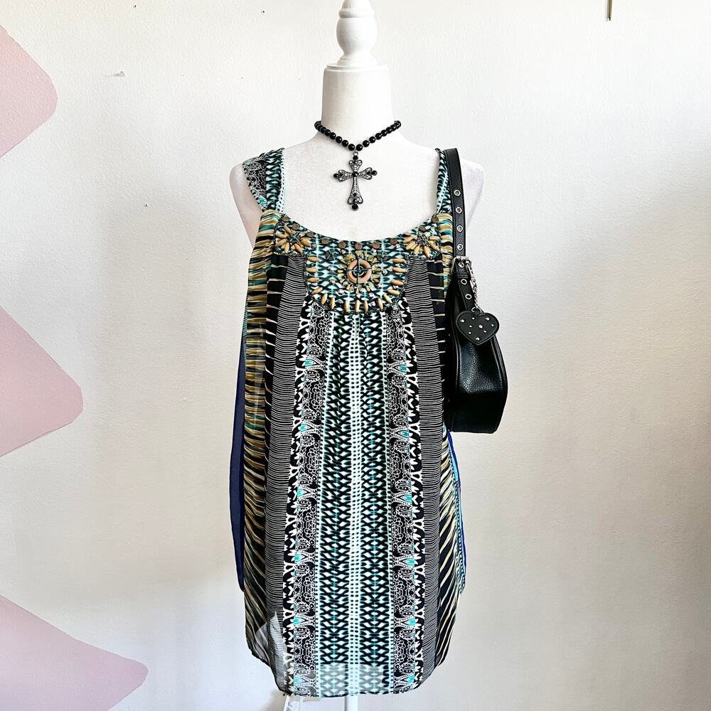 ECI New York Beaded Tank Top Y2K 2000s Boho Bohemian Retro‎ Glam Large